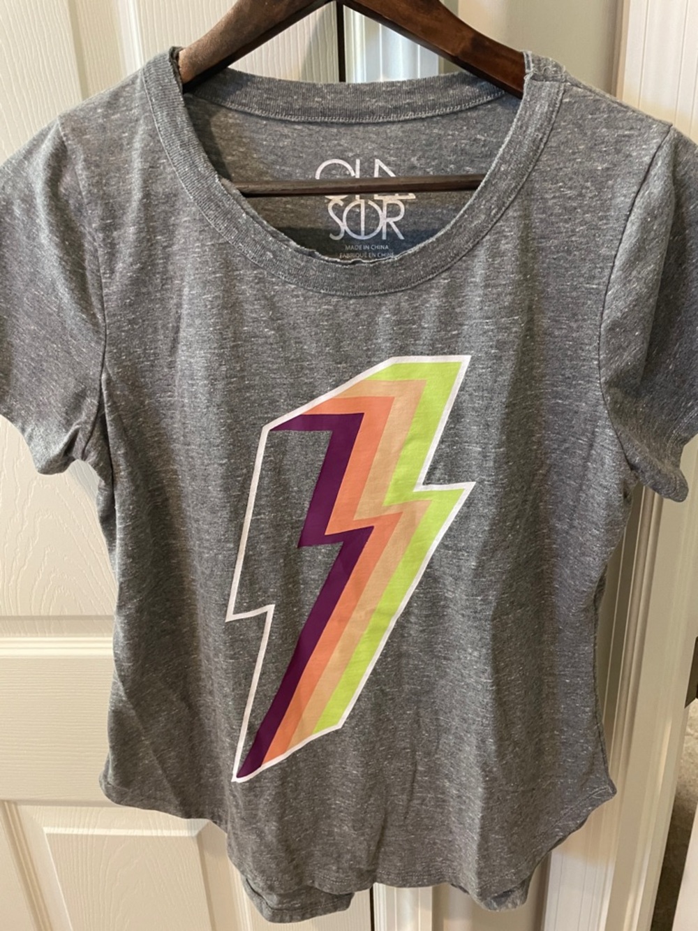 Chaser Gray Tee with Purple Orange Lime Lightning Bolt